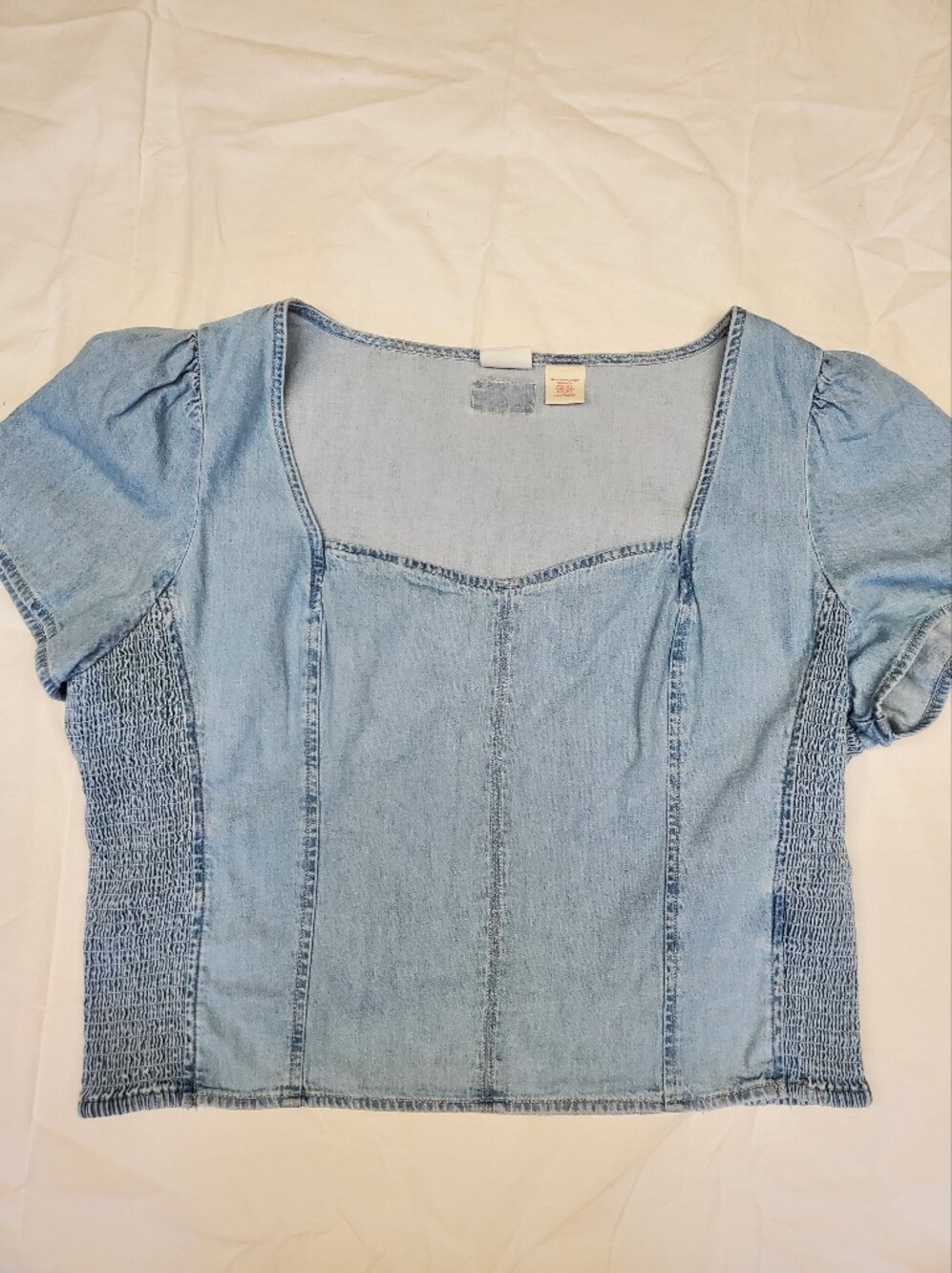 Levi's Women's XXL Light Wash Chambray Puff Sleeve Smocked Top Sweetheart Neck